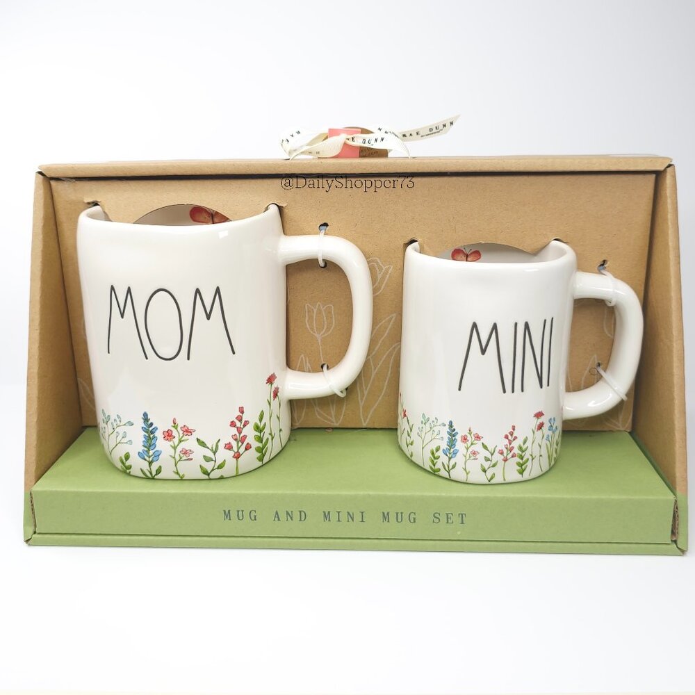 Rae Dunn "Mom" and "Mini" White Floral Ceramic Coffee Mug Set